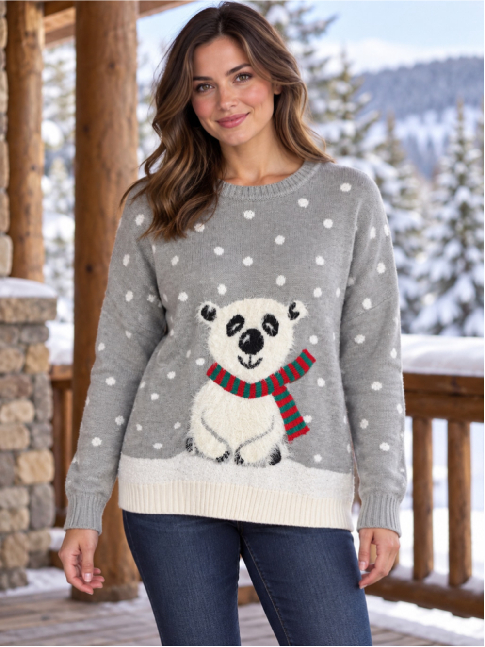 Women's Holiday Time Polar Bear Christmas Sweater Grey White Size L